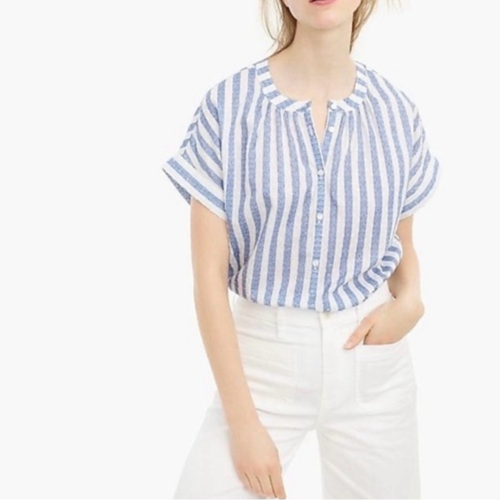J. Crew Point Sur Blue and White Striped Button Front Top